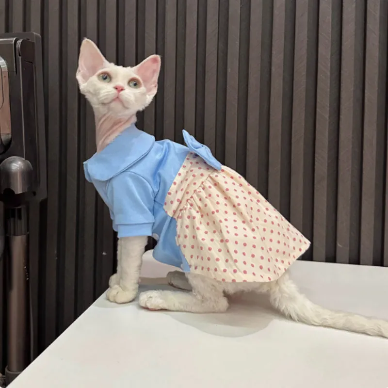 Hairless cat wearing a polka dot cotton blend bow skirt, available in sizes XS to XXXL for cats 0.75kg to 6.75kg