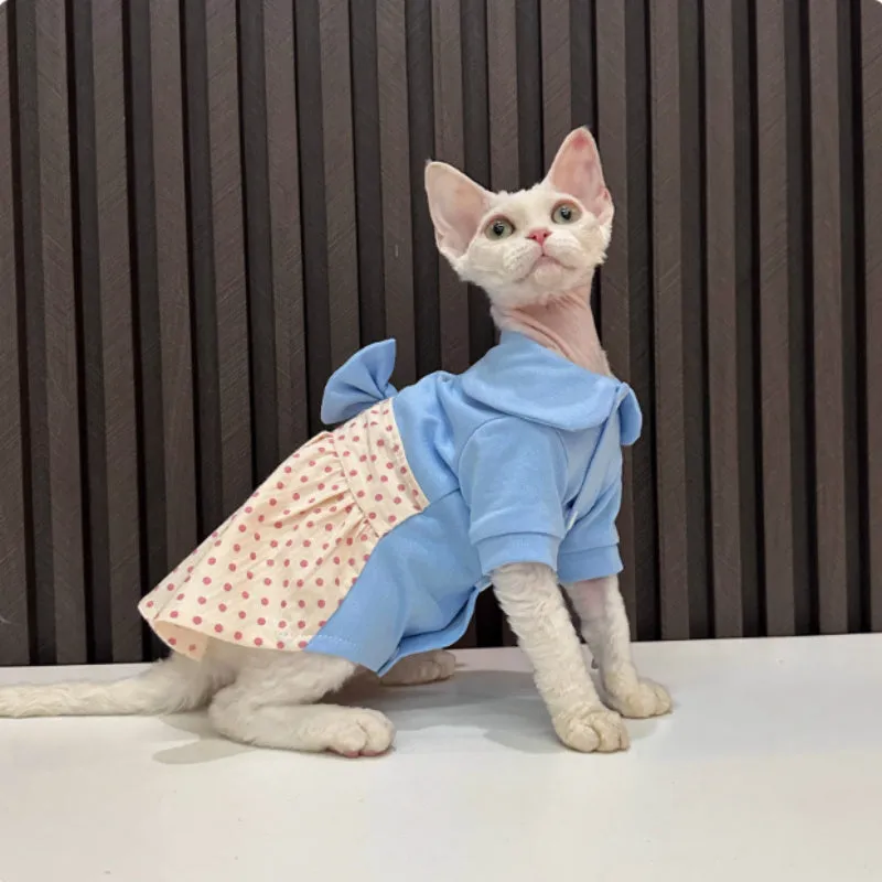 Hairless cat wearing a polka dot cotton blend bow skirt, available in sizes XS to XXXL for cats 0.75kg to 6.75kg