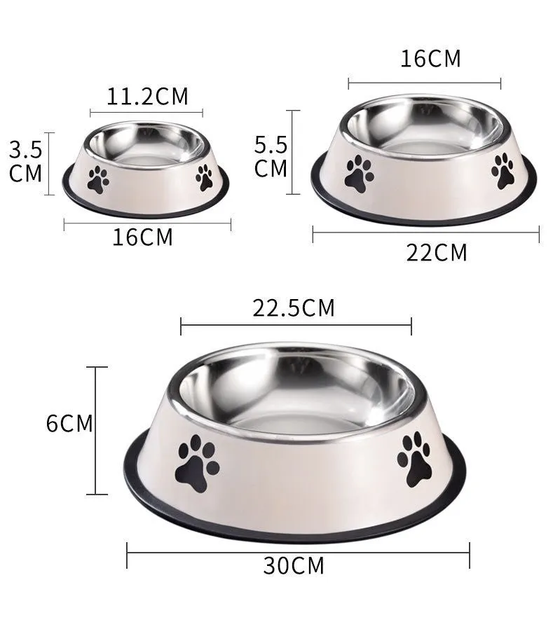 Printed non-slip stainless steel pet bowl for dogs and cats in gray, shown on a floor