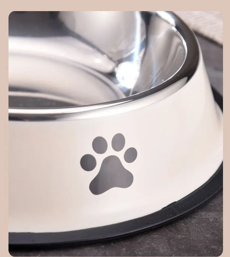 Printed non-slip stainless steel pet bowl for dogs and cats in gray, shown on a floor