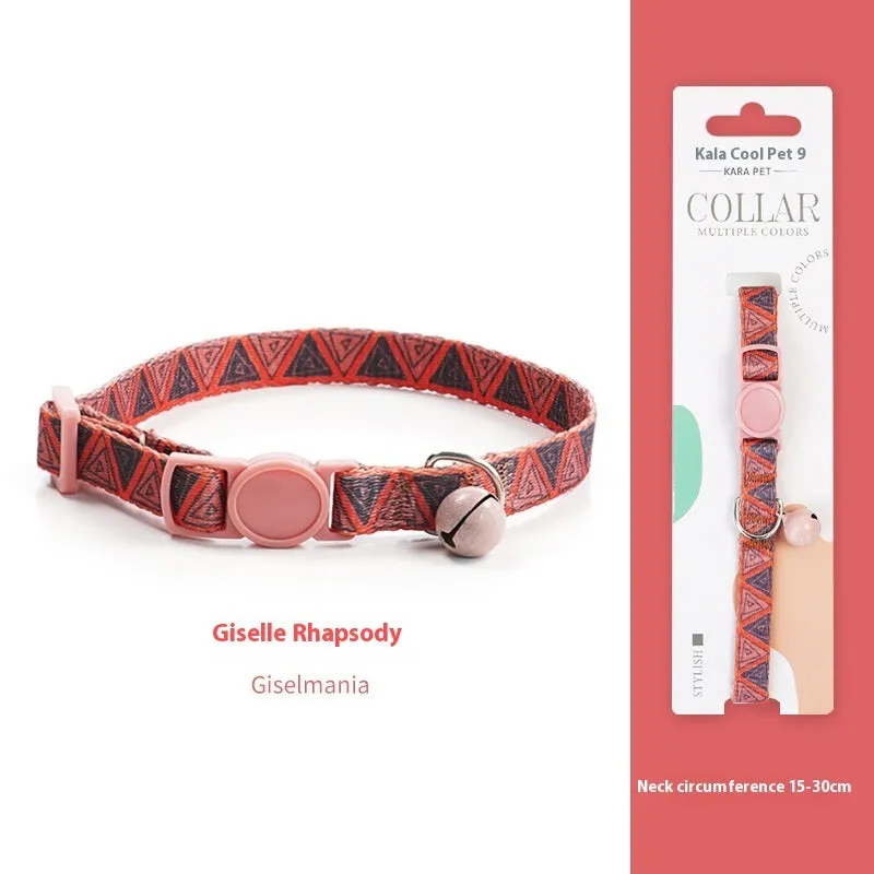 Woven polyester cat collar with anti-suffocation safety buckle and bell in green jungle colour grid pattern