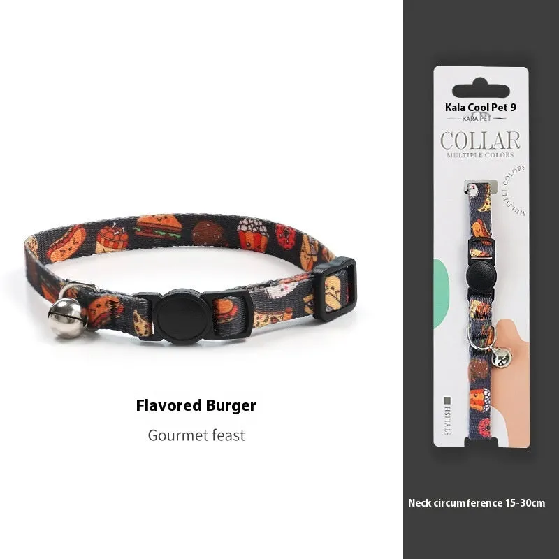 Woven polyester cat collar with anti-suffocation safety buckle and bell in green jungle colour grid pattern