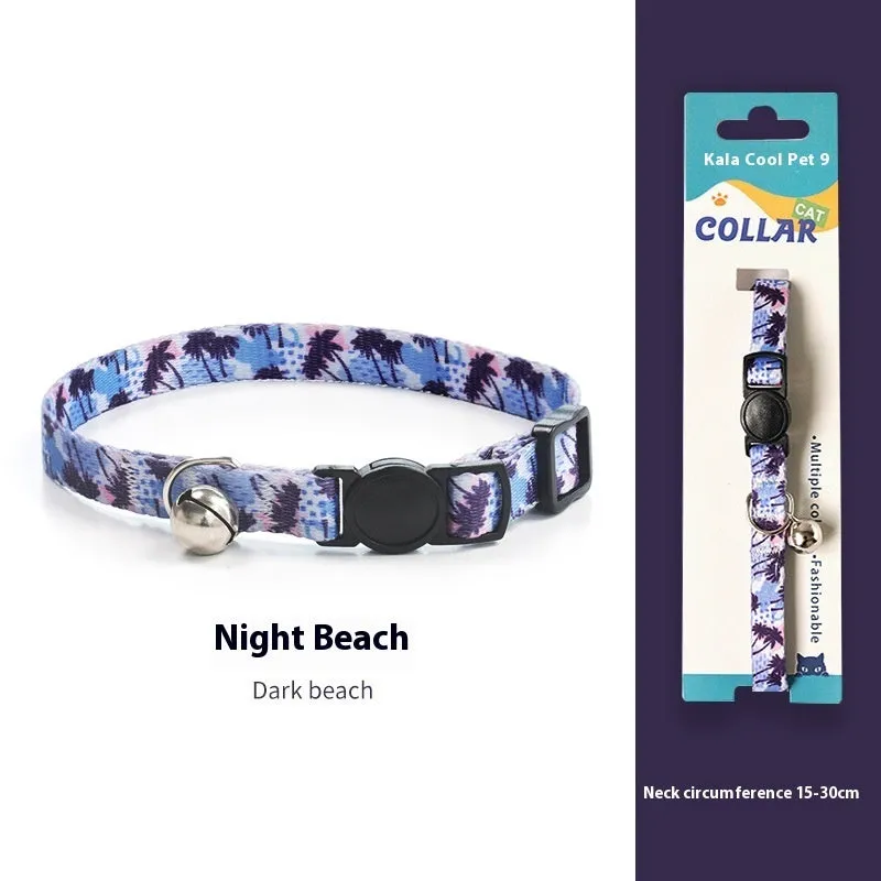 Woven polyester cat collar with anti-suffocation safety buckle and bell in green jungle colour grid pattern