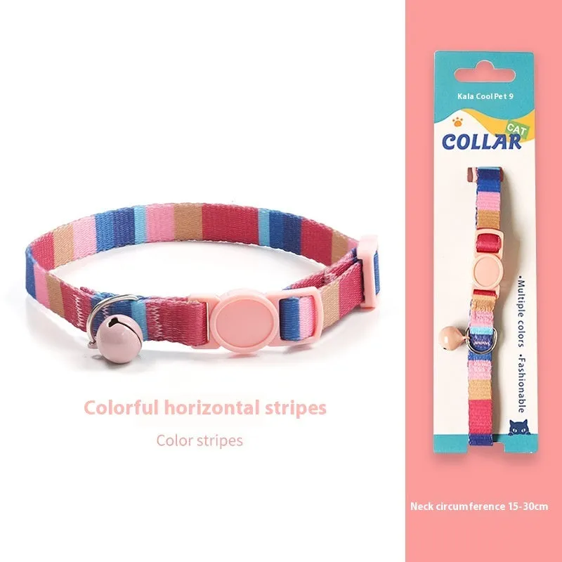 Woven polyester cat collar with anti-suffocation safety buckle and bell in green jungle colour grid pattern
