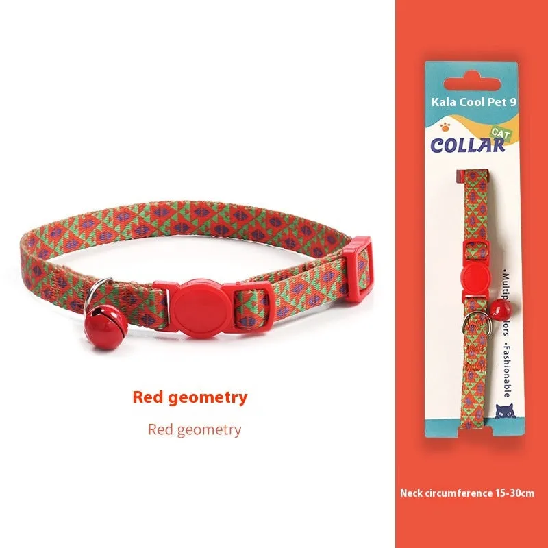 Woven polyester cat collar with anti-suffocation safety buckle and bell in green jungle colour grid pattern