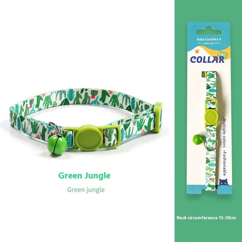 Woven polyester cat collar with anti-suffocation safety buckle and bell in green jungle colour grid pattern