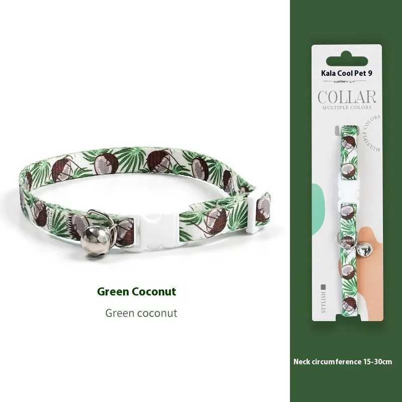 Woven polyester cat collar with anti-suffocation safety buckle and bell in green jungle colour grid pattern