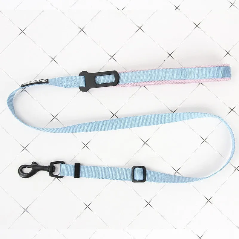 Nylon adjustable dog breast strap with hand holding rope in blue pink colour on white background