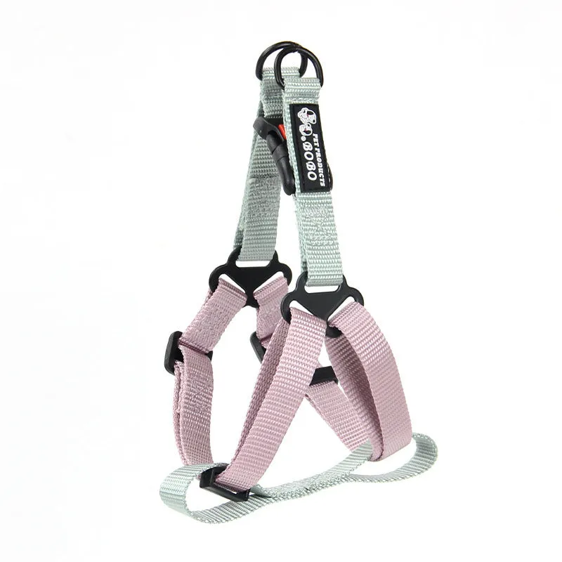 Nylon adjustable dog breast strap with hand holding rope in blue pink colour on white background
