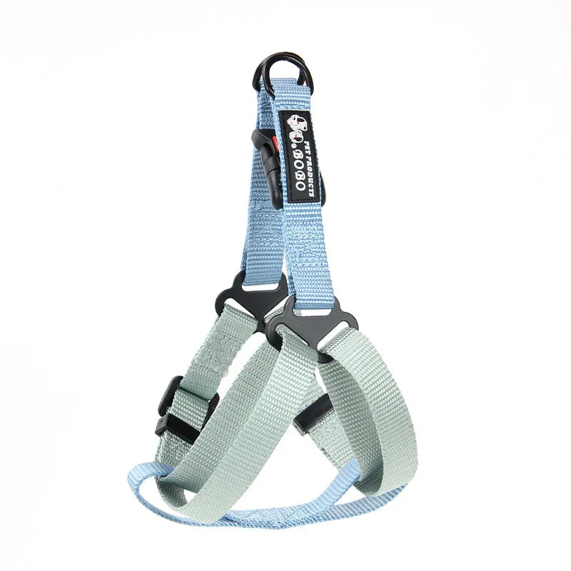 Nylon adjustable dog breast strap with hand holding rope in blue pink colour on white background