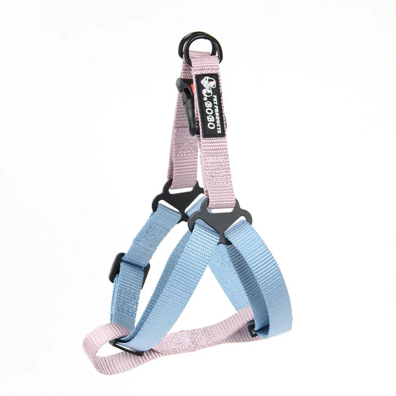 Nylon adjustable dog breast strap with hand holding rope in blue pink colour on white background