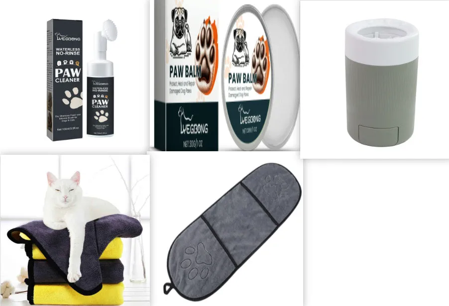 Dog foot mat care solution set with 100ml sole care solution, claw paste, washing cup, and towels on a tabletop