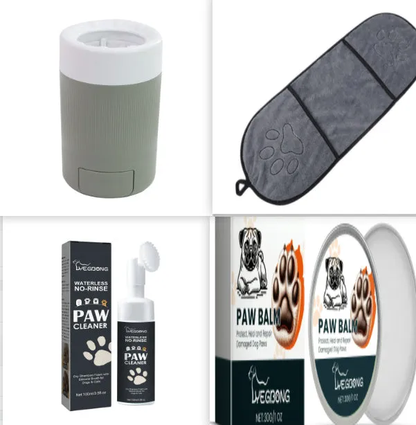 Dog foot mat care solution set with 100ml sole care solution, claw paste, washing cup, and towels on a tabletop