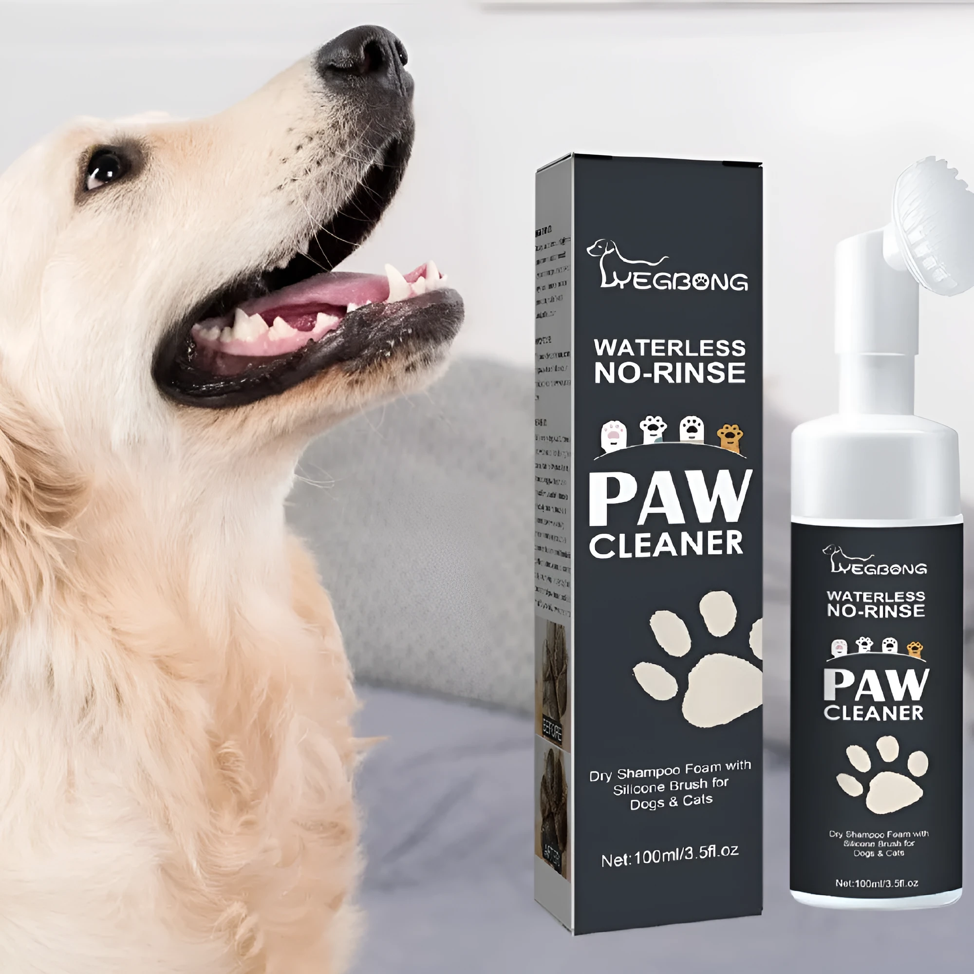Dog foot mat care solution set with 100ml sole care solution, claw paste, washing cup, and towels on a tabletop