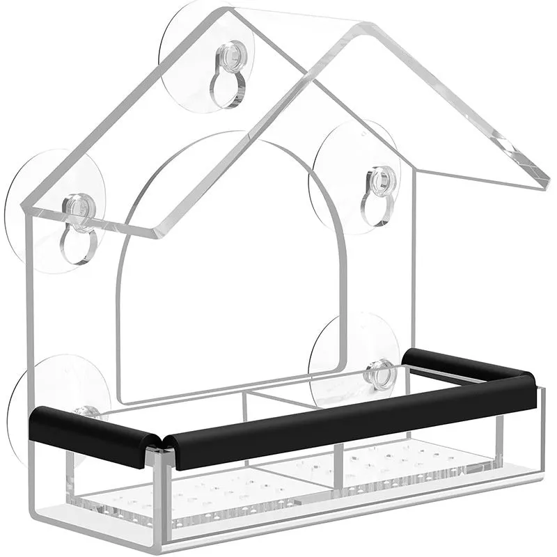 Transparent acrylic wall-mounted bird feeder with single feeding port and clear view of interior