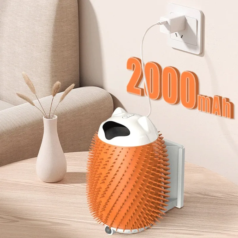 Salmon pink intelligent sensor automatic cat hair brush and massager toy on a plain background