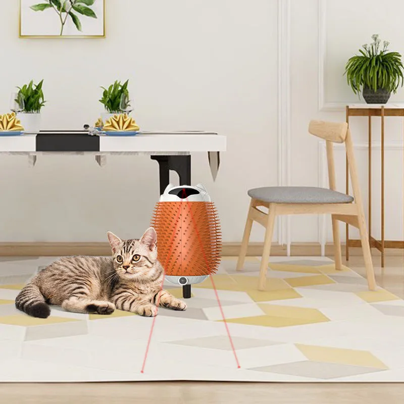 Salmon pink intelligent sensor automatic cat hair brush and massager toy on a plain background