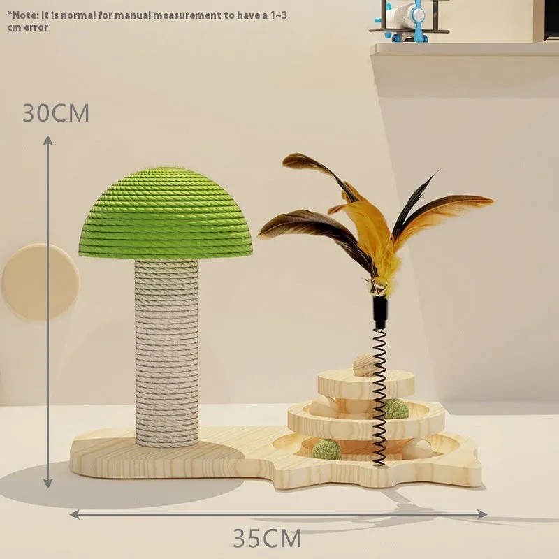 Solid wood turntable cat teaser with scratching post in double-layer design for indoor cats