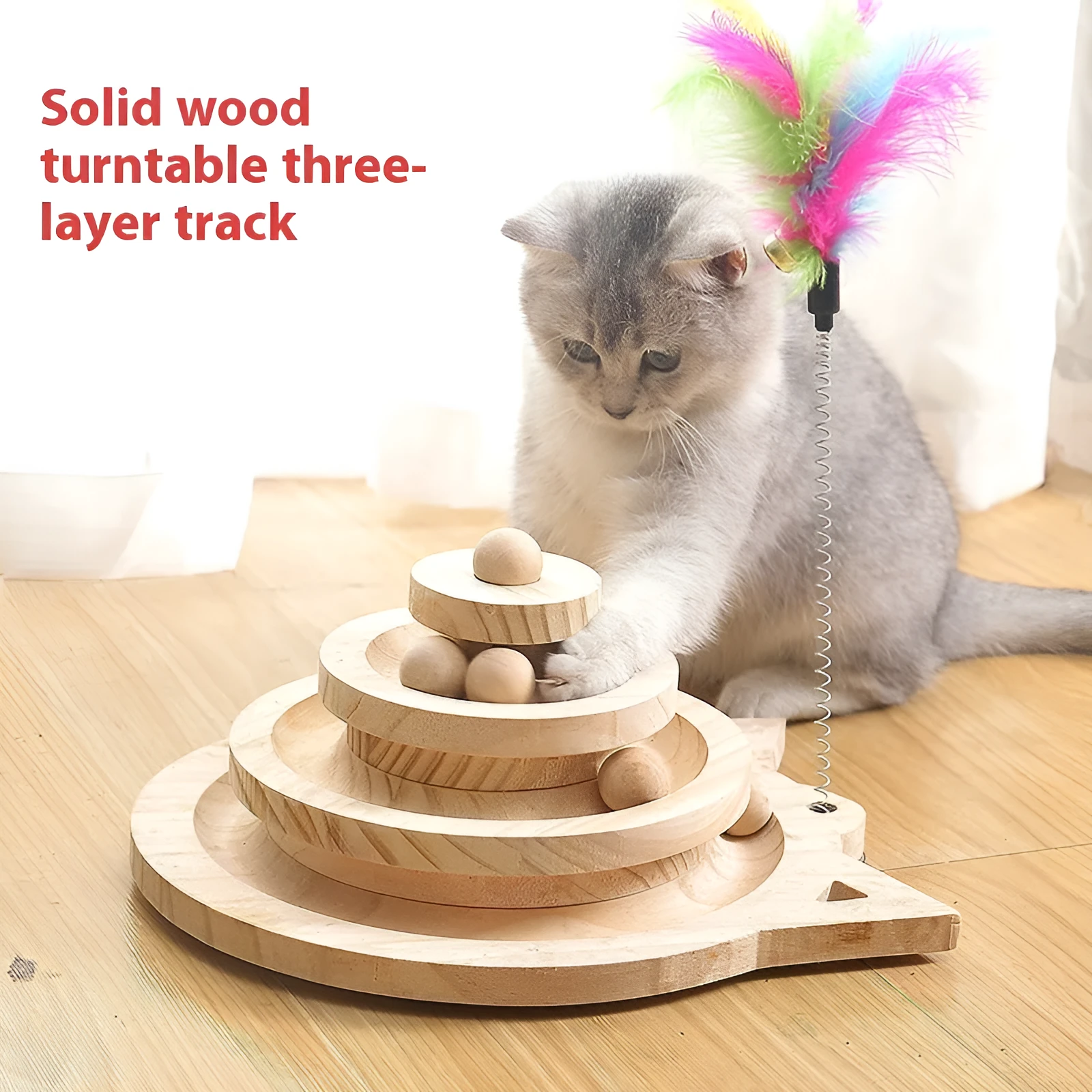 Solid wood turntable cat teaser with scratching post in double-layer design for indoor cats