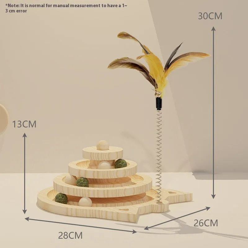 Solid wood turntable cat teaser with scratching post in double-layer design for indoor cats