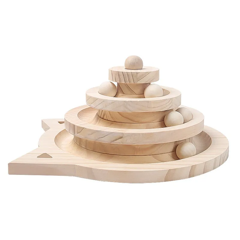Solid wood turntable cat teaser with scratching post in double-layer design for indoor cats