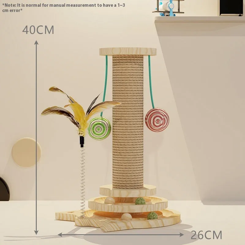 Solid wood turntable cat teaser with scratching post in double-layer design for indoor cats