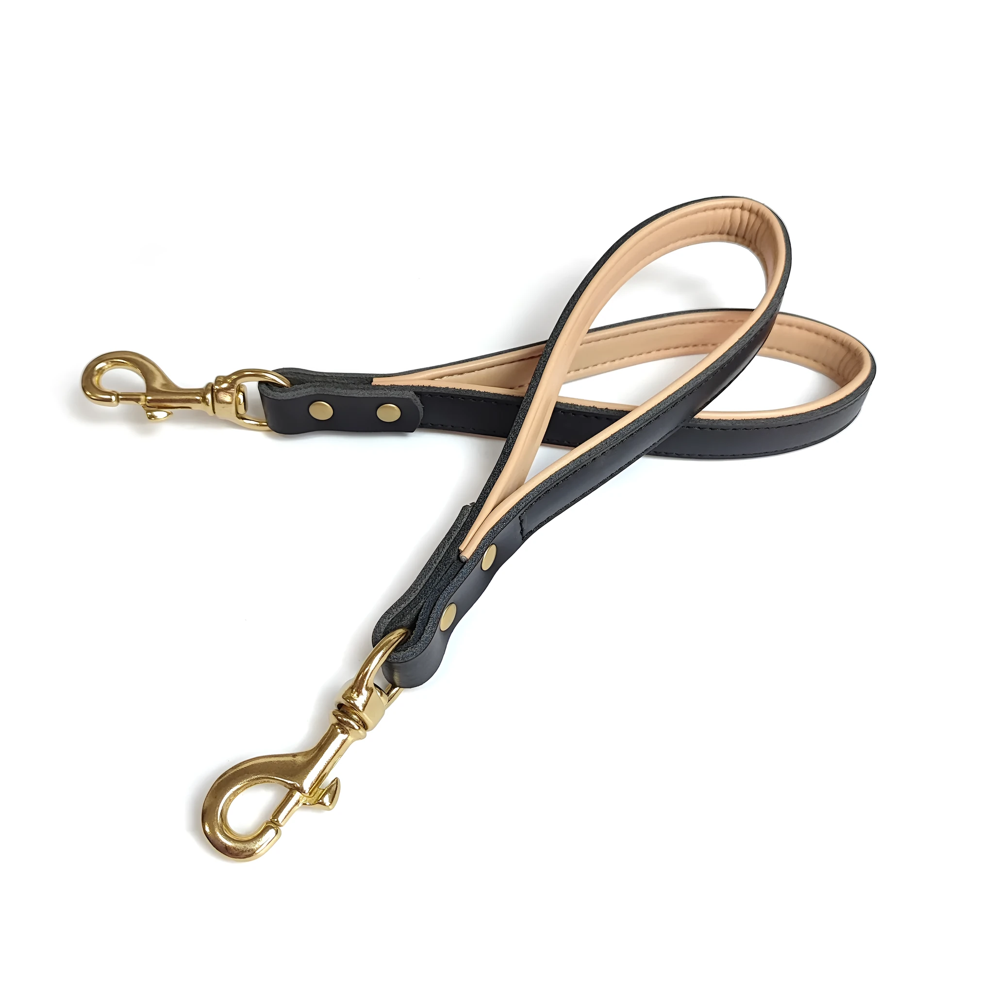 Black real cowhide leather dog hand holding rope 30x2cm on plain background