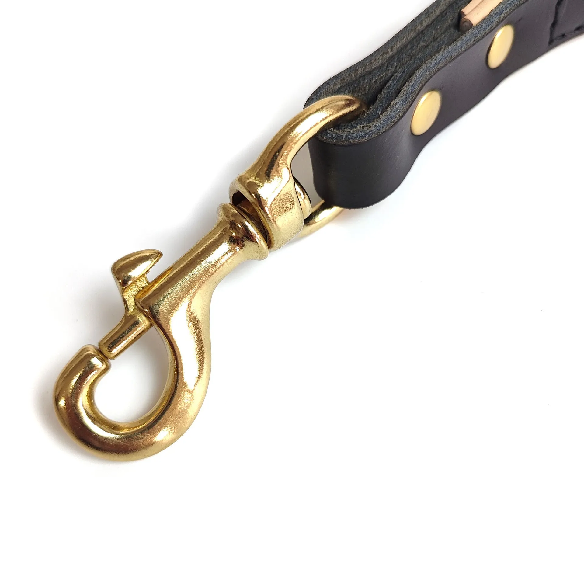 Black real cowhide leather dog hand holding rope 30x2cm on plain background