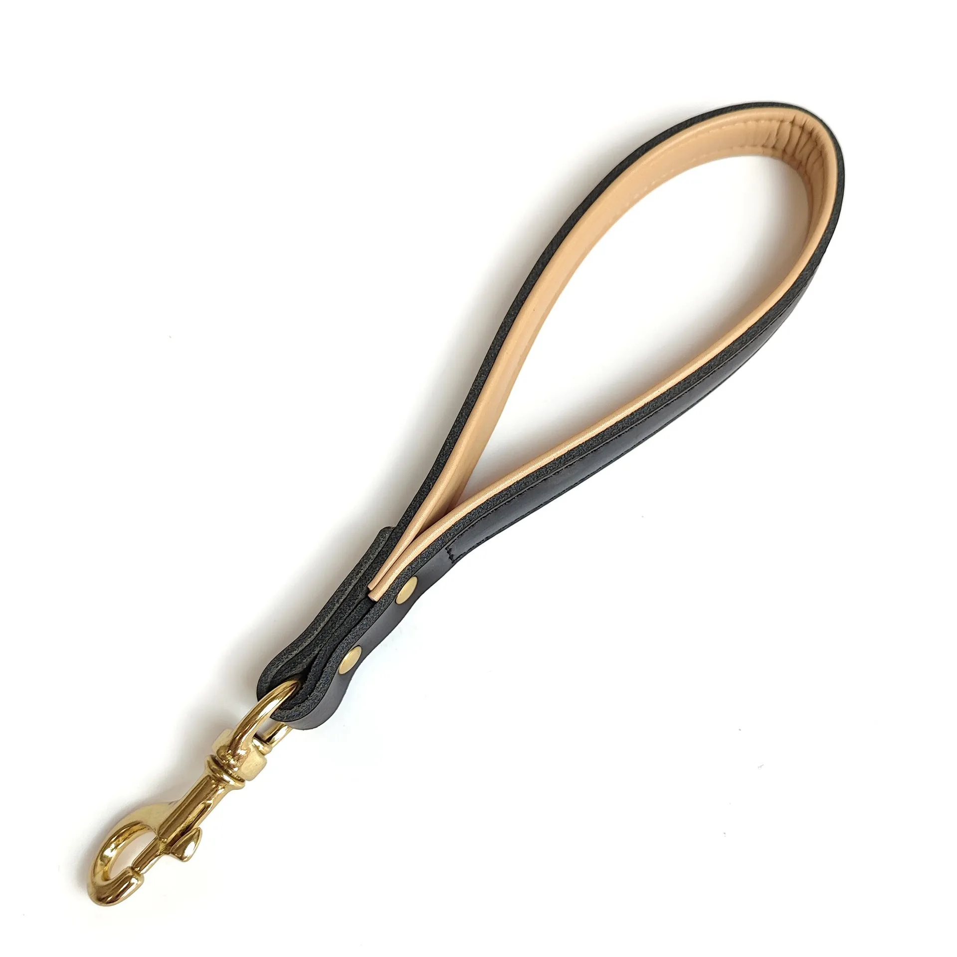 Black real cowhide leather dog hand holding rope 30x2cm on plain background