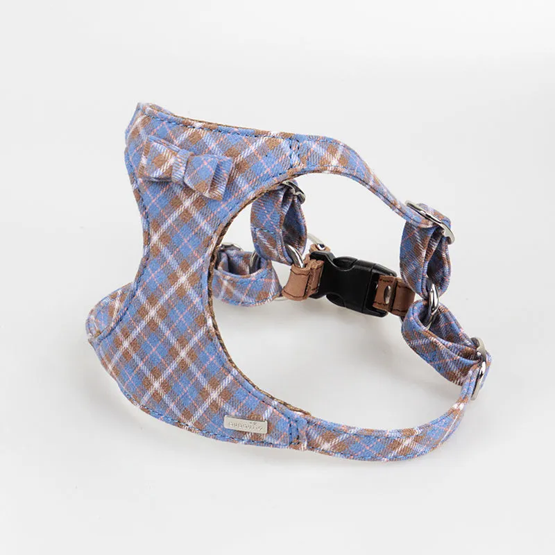 Tank top style dog harness and lead set in blue for small dogs made of cotton and cowhide