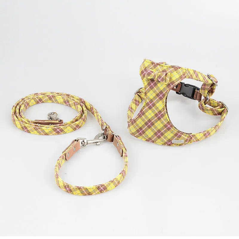 Tank top style dog harness and lead set in blue for small dogs made of cotton and cowhide