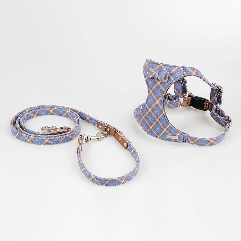 Tank top style dog harness and lead set in blue for small dogs made of cotton and cowhide