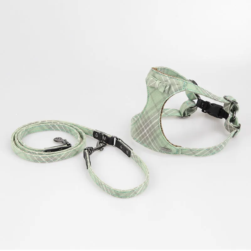 Tank top style dog harness and lead set in blue for small dogs made of cotton and cowhide
