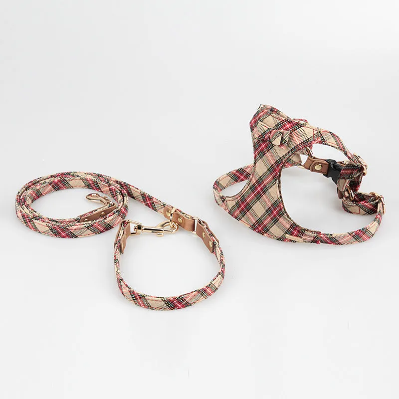 Tank top style dog harness and lead set in blue for small dogs made of cotton and cowhide