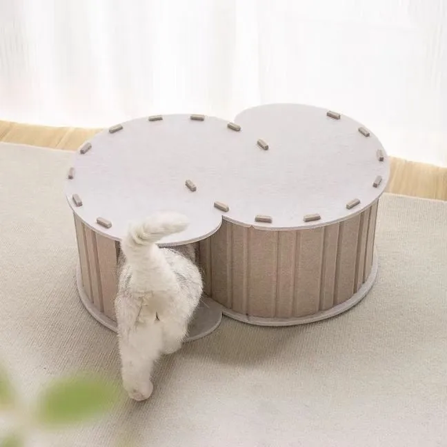 Foldable semi-closed felt cat scratch board nest in camel colour, size 58x40x24 cm