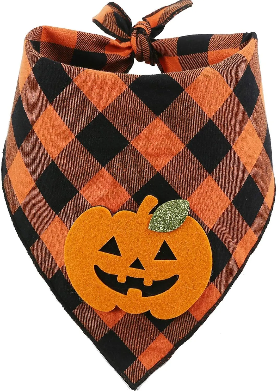Orange plaid Halloween dog bandana with pumpkin and skeleton felt appliques