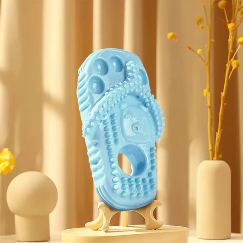 Blue rubber dog chewing toy slipper for teething puppies, durable and safe for oral health