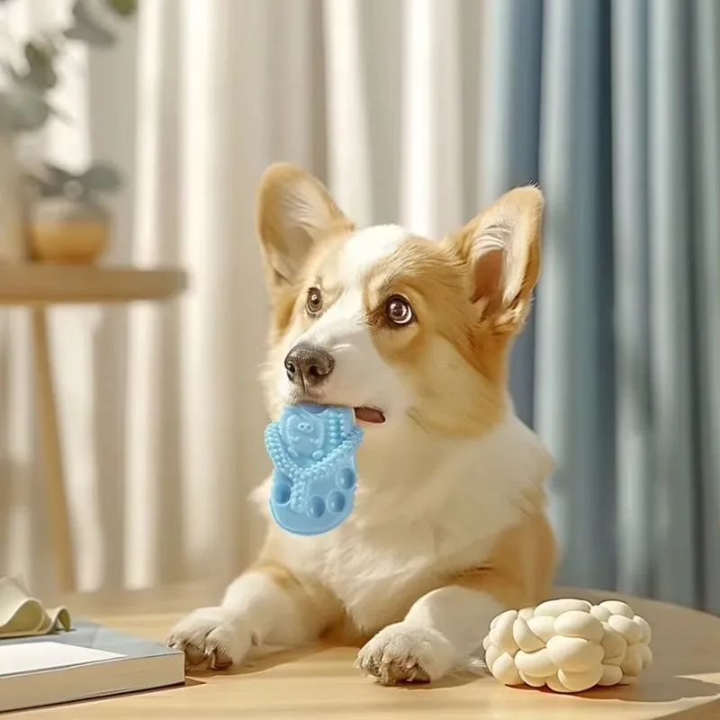 Blue rubber dog chewing toy slipper for teething puppies, durable and safe for oral health