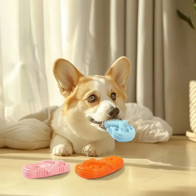 Blue rubber dog chewing toy slipper for teething puppies, durable and safe for oral health