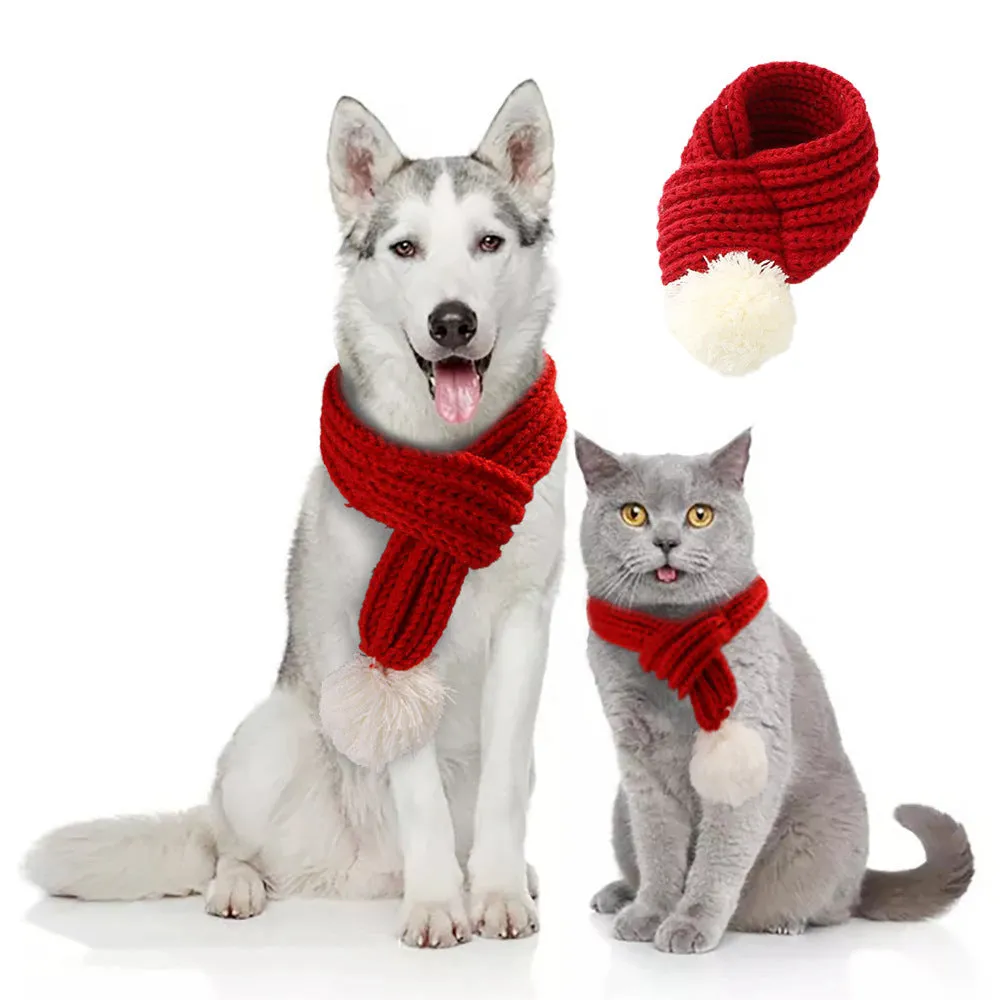 Pet Christmas acrylic wool scarf for cats and dogs in red colour, holiday accessory