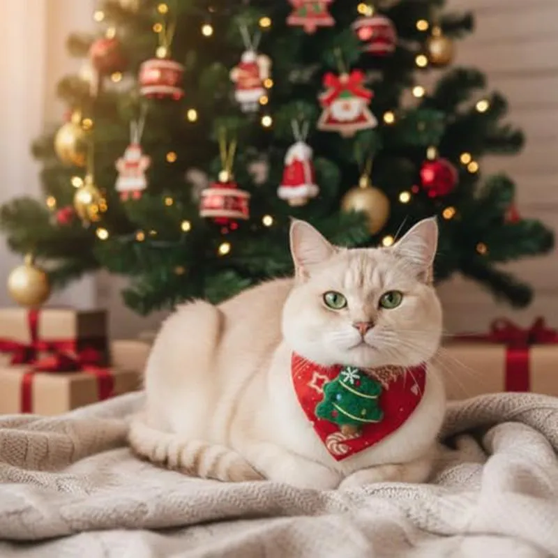 Red Christmas pet bandana with Santa Claus and Christmas tree appliques on white background