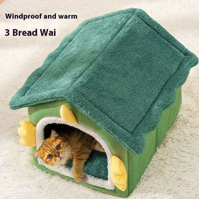 Large enclosed grey cat bed with a thick soft cushion inside, shown next to smaller size options.