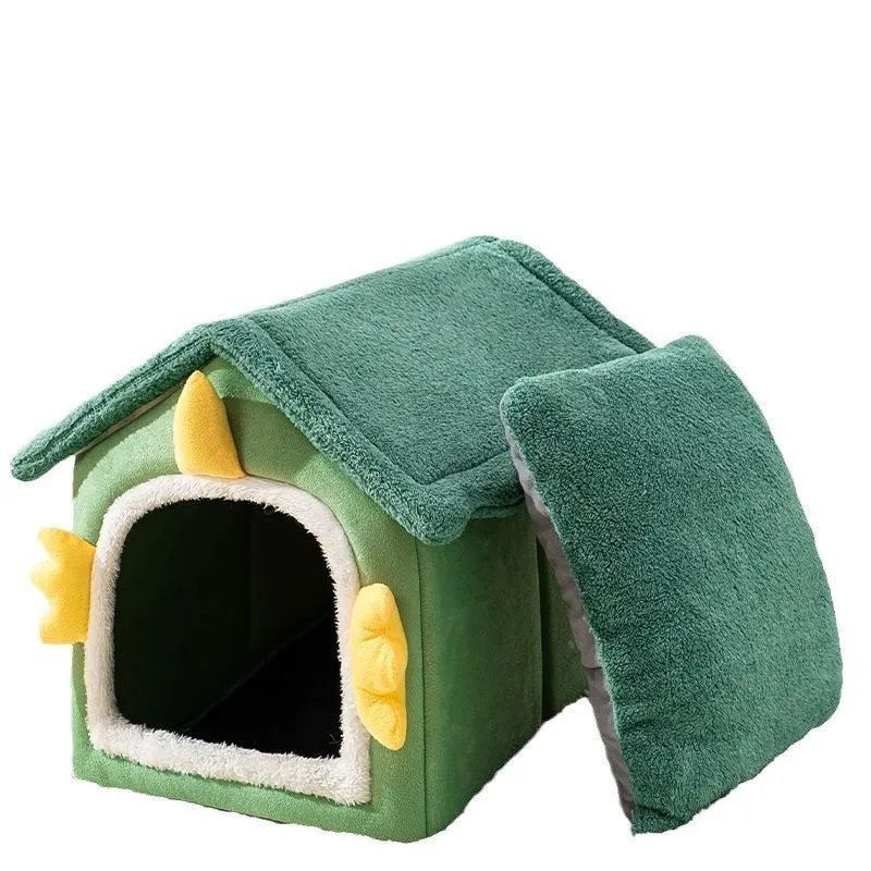 Large enclosed grey cat bed with a thick soft cushion inside, shown next to smaller size options.