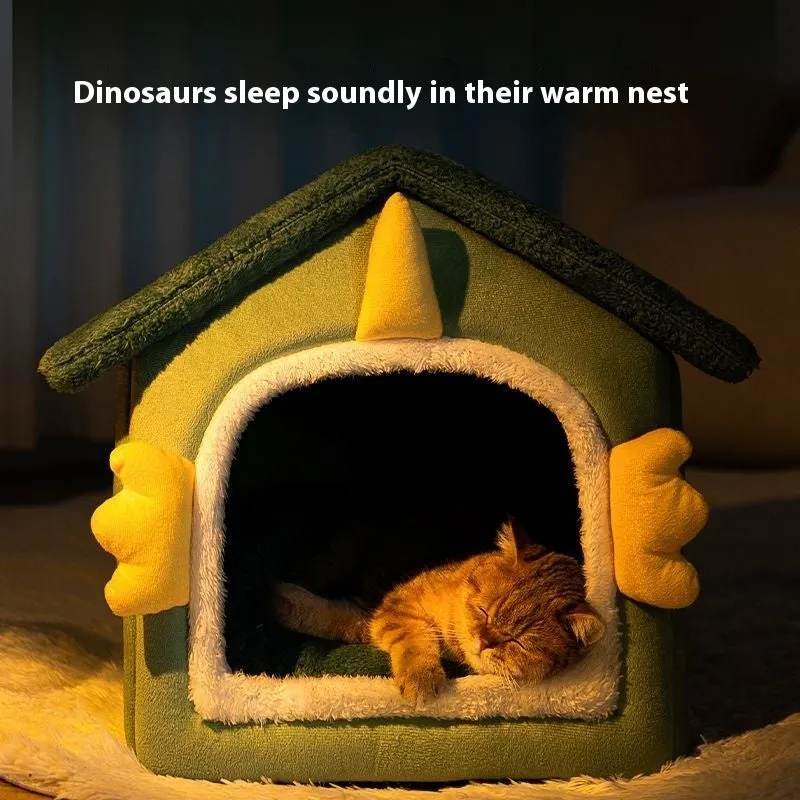Large enclosed grey cat bed with a thick soft cushion inside, shown next to smaller size options.