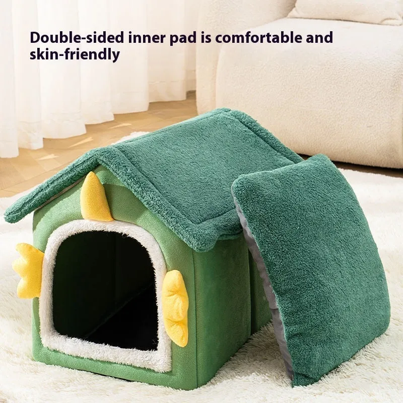 Large enclosed grey cat bed with a thick soft cushion inside, shown next to smaller size options.