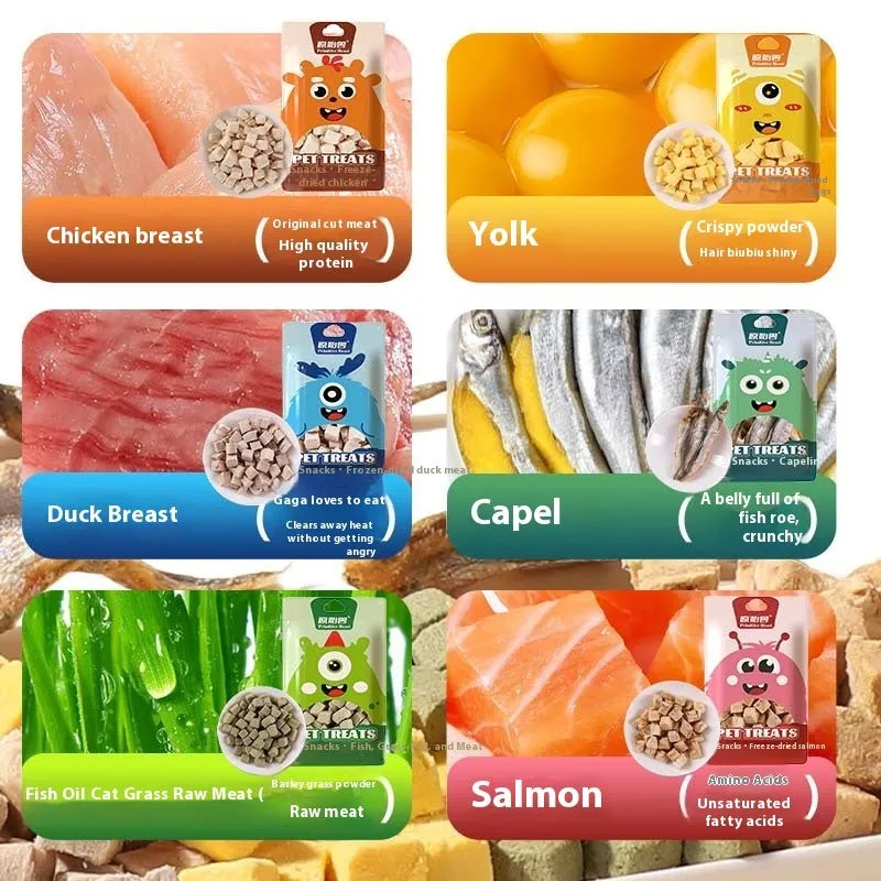 Assorted freeze-dried pet snacks including chicken, salmon and egg yolk flavours in small resealable bags.