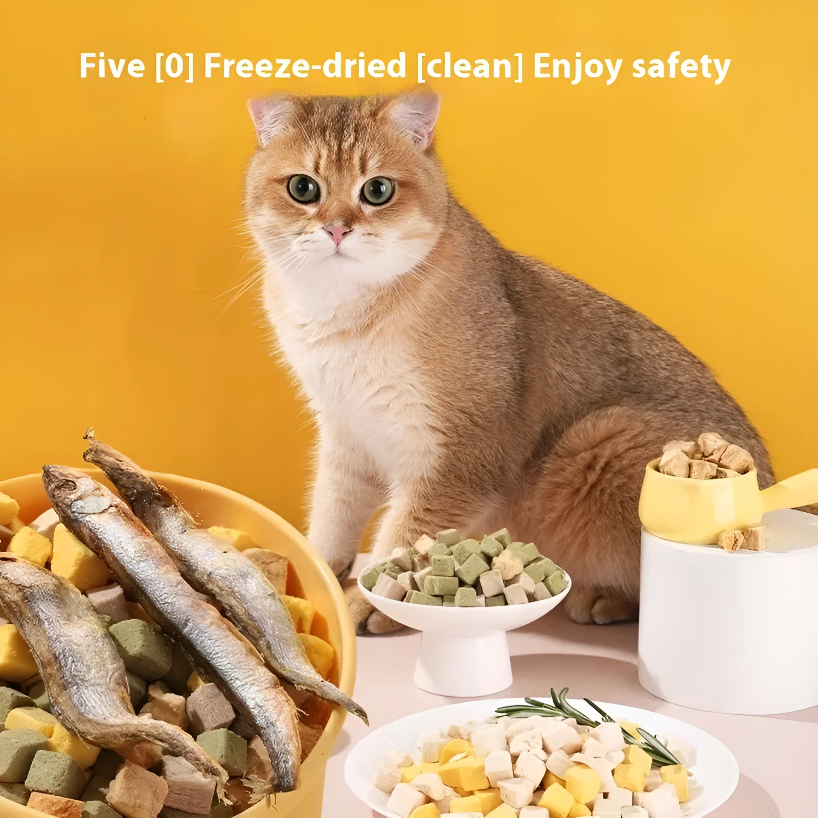 Assorted freeze-dried pet snacks including chicken, salmon and egg yolk flavours in small resealable bags.