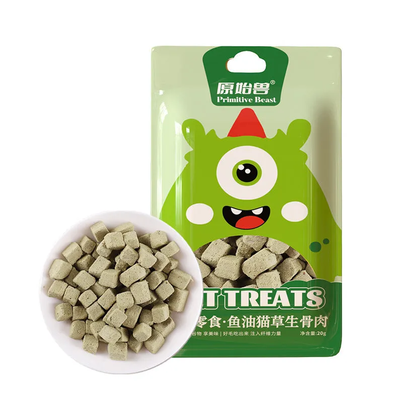 Assorted freeze-dried pet snacks including chicken, salmon and egg yolk flavours in small resealable bags.