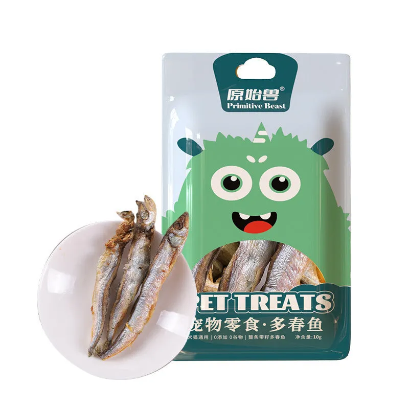 Assorted freeze-dried pet snacks including chicken, salmon and egg yolk flavours in small resealable bags.