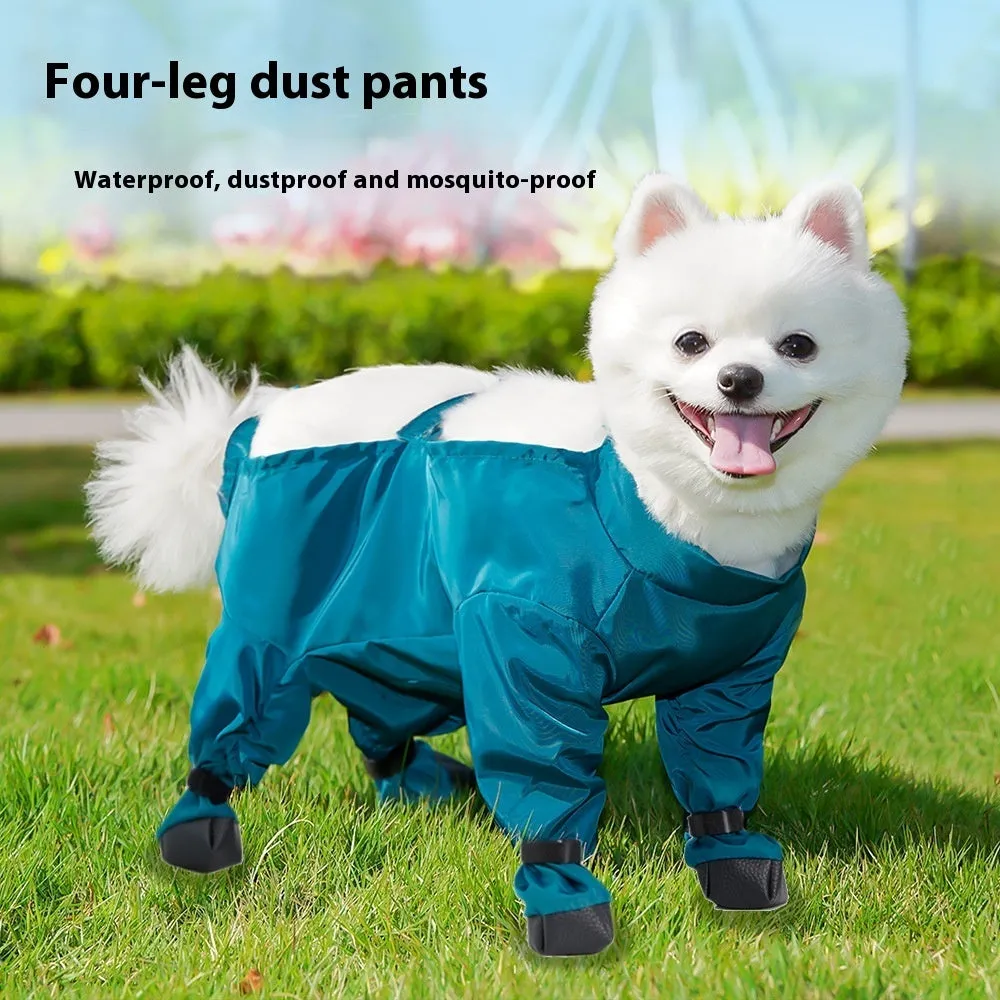 Peacock blue pet diaper bag belly jumpsuit made of waterproof memory cloth, laid flat showing foot-wrapped design